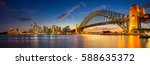 Sydney. Panoramic image of Sydney, Australia with Harbour Bridge during twilight blue hour.