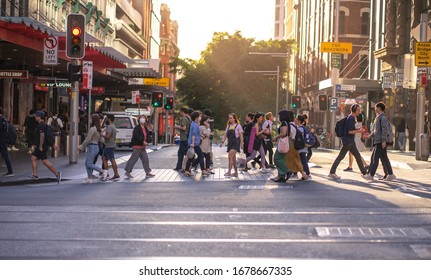 Sydney People With Face Mask Covered Crossed Street In City, Covid 19 Sickness Outbreak Situation In Australia, Sydney: 19-03-2020