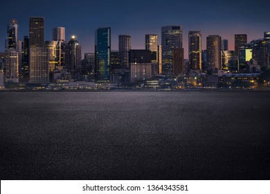 Sydney Urban Cityscape Skyline Night Scene With Empty Asphalt Floor, Modern City In Business District With Tar Road