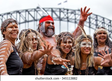 SYDNEY,AUSTRALIA - NOVEMBER 22,2015: Indigenous dancers strike a pose during the Homeground festival - a major annual celebration of aboriginal culture.