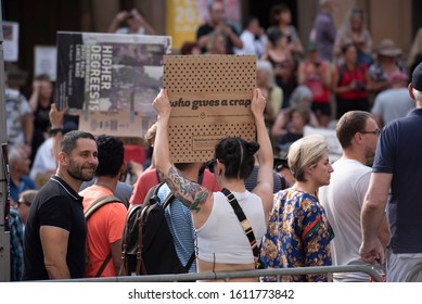 Sydney,NSW/Australia-1.10.2020:Anti Scott Morrison Protesters In Front Of Sydney's Town Hall. Protesters Demanding Climate Change Action.