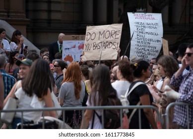 Sydney,NSW/Australia-1.10.2020:Anti Scott Morrison Protesters In Front Of Sydney's Town Hall. Protesters Demanding Climate Change Action.