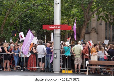 Sydney,NSW/Australia-1.10.2020:Anti Scott Morrison Protesters In Front Of Sydney's Town Hall. Protesters Demanding Climate Change Action.