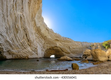 Sykia Beach or Sykia Cave was a sea cave the roof of which collapsed, creating a sink hole. It is located on the west coast of Melos Island in Greece and is accessible only by sea.