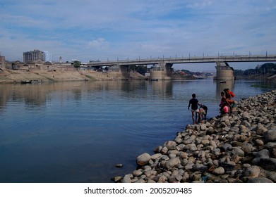 Sylhet, Bangladesh - 1 January 2015: Kazir Bazar Bridge Over Surma River.