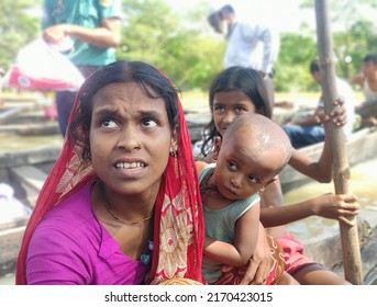 Sylhet, Bangladesh - 22 June 2022: Flood victims waiting for relief.