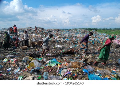 Sylhet, Bangladesh - 6 October 2015: Workers are working in Toxic waste dumping management with health risks without adequate safety.