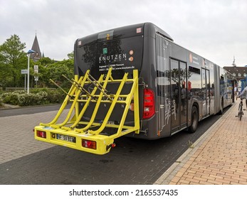 Sylt, Germany 5.6.2022 Bike Rack On The Bus. Bicycle Transport On Local Public Transportation In European City