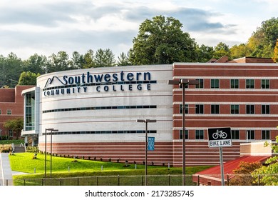 Sylva, USA - October 6, 2021: Southwestern Community College University Building Facade Sign In Sylva, North Carolina At The Blue Ridge Great Smoky Mountains