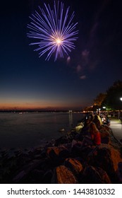SYLVAN BEACH, NEW YORK - JULY 3, 2019: Fireworks and Celebration of the Independence at Sylvan Beach of Oneida Lake in Upstate New York.