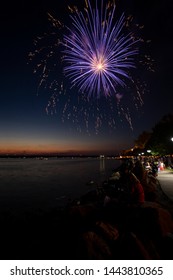 SYLVAN BEACH, NEW YORK - JULY 3, 2019: Fireworks and Celebration of the Independence at Sylvan Beach of Oneida Lake in Upstate New York.