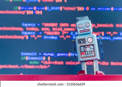 Symbol for a chatbot or social bot and algorithms, program code in the background