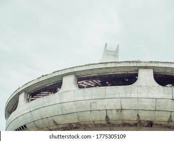 Symbol Of The Collapse Of The Soviet Union. Close Up Abandoned, Collapsing Monument UFO-shaped In Eastern Europe