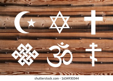 Symbol of different religions on brick wall
 - Shutterstock ID 1634930344