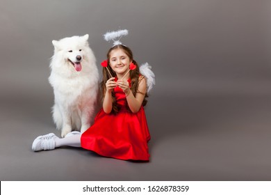Symbol of friendship and love. Loyal friends, a girl in a red dress in the image of a cupid with wings and a halo with heart-shaped sweets treats friend to dog. Concept for Valentine's Day.