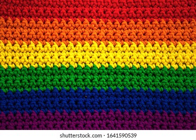 Symbol Of Gay Pride In Crochet. Rainbow. Texture. Close-up.