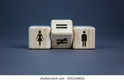 Symbol For Gender Equality. Turned A Cube And Changed A Unequal Sign To A Equal Sign Between Symbols Of Men And Women. Beautiful Grey Background, Copy Space. Gender Equality Concept.