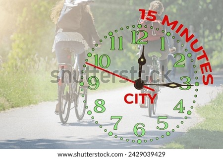 Symbol image of a 15-minute city: cyclists on a cycle path in the countryside and a clock showing fifteen minutes (Composing)