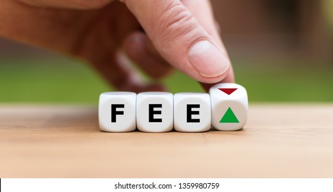 Symbol for increasing or decreasing fees. Hand turns a dice and changes the direction of an arrow. Dice form the word "FEE".
