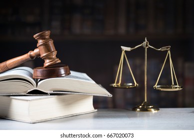 Symbol Of Law And Justice. Concept Law And Justice. Scales Of Justice, Gavel And Book