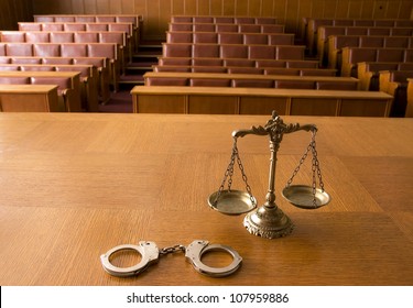 Symbol Of Law And Justice In The Empty Courtroom, Law And Justice Concept