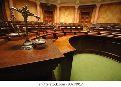 Symbol Of Law And Justice In The Empty Courtroom, Law And Justice Concept.