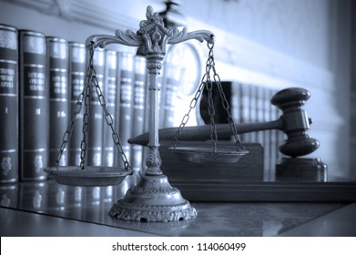 Symbol Of Law And Justice On The Table, Law And Justice Concept, Focus On The Scales, Blue Tone