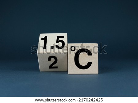 Symbol for limiting global warming 1.5°C or 2°C degrees Celsius. Cubes form the expression 1.5°C or 2°C degrees Celsius. The concept of Limit global warming 2°C to 1.5°C