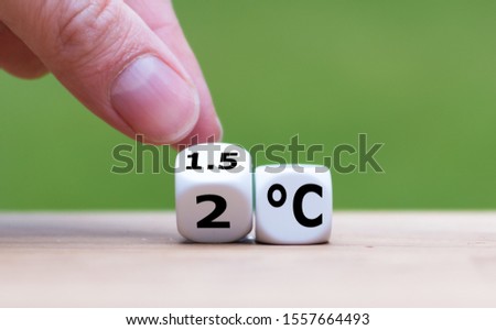 Symbol for limiting global warming. Hand turns a dice and changes the expression 