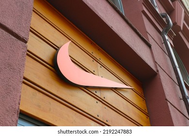 The Symbol Of The Nike Sports Company Over The Brand Store In Minsk, Belarus, August 18, 2022