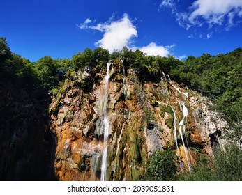 Symbol Of Plitvice Lakes National Park - Croatia Veliki Slap The Big Waterfall Under Sunny Summer Sky