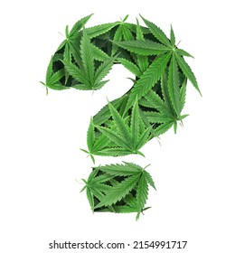 Symbol ? (question mark) made of cannabis leaves isolated on white. Legalize marijuana concept.