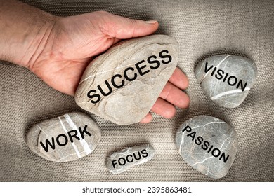 Symbol of success, Things leading to success, Words written in rocks that make up success, Business concept - Shutterstock ID 2395863481
