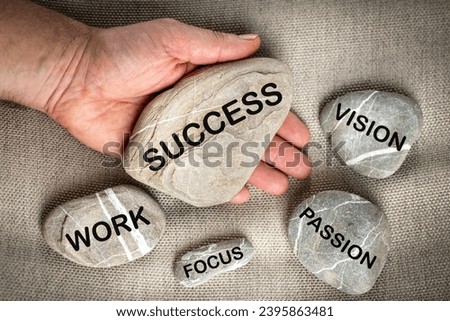 Symbol of success, Things leading to success, Words written in rocks that make up success, Business concept