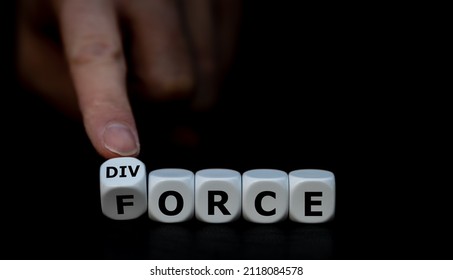 Symbol that violence in a marriage can lead to a divorce. Hand turns dice and changes the word force to divorce.