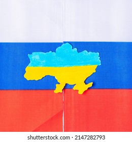 Symbol Of Ukraine Border With Flag Of  Russia. Pray, No War, Stop War And Nuclear Disarmament