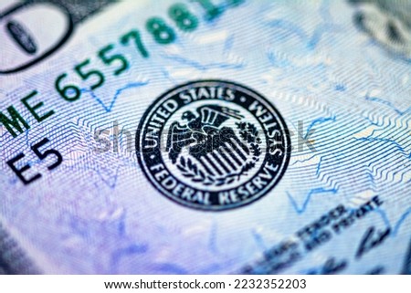 Symbol of the US Federal Reserve System on the US 50 dollar bill. Fed emblem close-up on american currency. ストックフォト © 