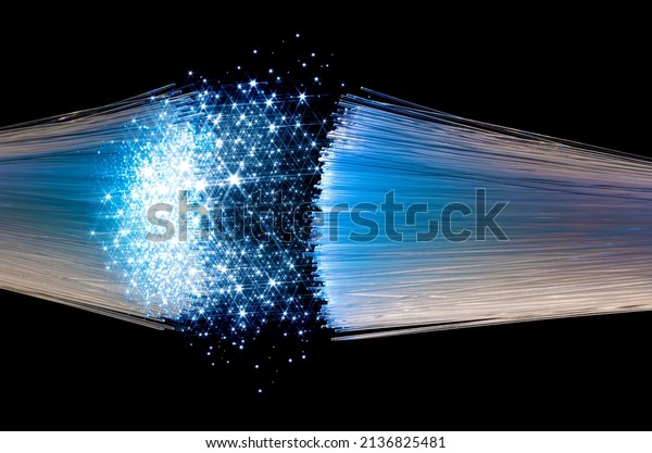 symbolic interrupted optical fibers connection\
closeup in black back