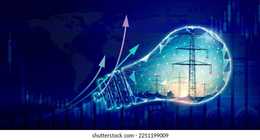 Symbolic light bulb with photo of high-voltage power lines, ascending arrows for design on theme of energy industry, global energy crisis with rise in cost of energy carriers, inflation, energy saving