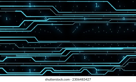The symbolic movement of electrons on the pallet roads of the microchip against the background of the binary system. Visualization of information transfer. Cg. Ai.