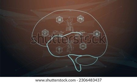 Symbolic movement of electrons on pallet roads of a microchip in blue neon inside a symbolic human brain. Visualization of information transfer. Cg.
