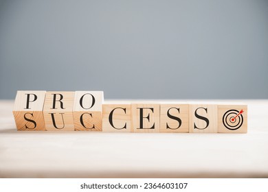 A symbolic representation of the process for success, showcasing a wooden cube block flipping over the word process to reveal success. Presented on a wood table against a neutral grey background. - Shutterstock ID 2364603107