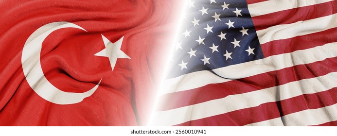A symbolic representation of unity and collaboration showcasing the flags of Turkey and United States of America side by side - emphasizing cultural diversity and international connections.