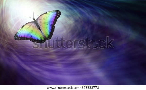 Symbolic Spiritual\
Release -  Beautiful multicolored butterfly moving into the light\
depicting a departing soul\
