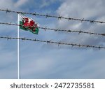 Symbolism: some Welsh people woud prefer not to be part of the UK. This shot shows the Welsh flag symbolically imprisoned behind barbed wire.