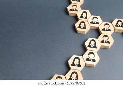 Symbols of employees on the chains of hexagons. The concept of business connections. Team building, business organization and staff hierarchy. Human resources management, recruitment. Single whole. - Shutterstock ID 1395787601