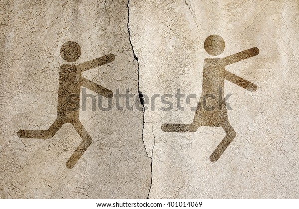 Symbols of men\
fleeing from a woman with a child on the background of a concrete\
wall divided by cracks.\
Toned