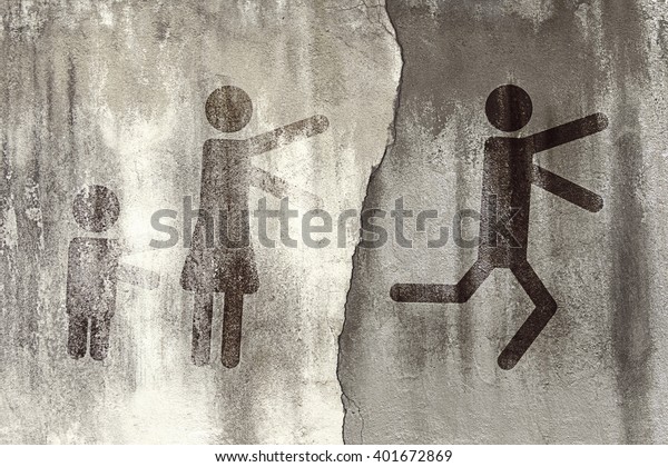 Symbols of men\
fleeing from a woman with a child on the background of a concrete\
wall divided by cracks.\
Toned