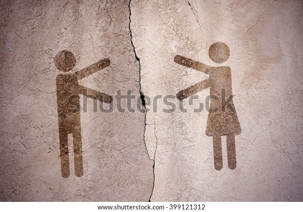 Symbols of men and women pulling hands towards each\
other against the background of a concrete wall divided by cracks.\
Toned