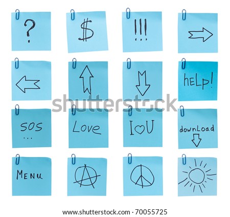 symbols and signs on the blue stickers isolated on white